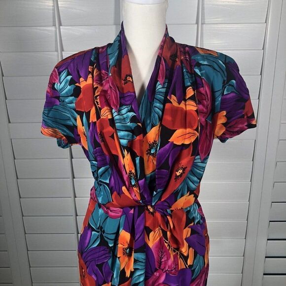 Vintage 80's Tess Dress S Bright Floral Print Blouson Turquoise Purple Sheath - Picture 5 of 12